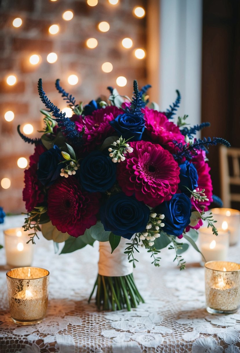 A regal magenta and navy blue wedding bouquet rests on a vintage lace tablecloth, surrounded by shimmering candlelight