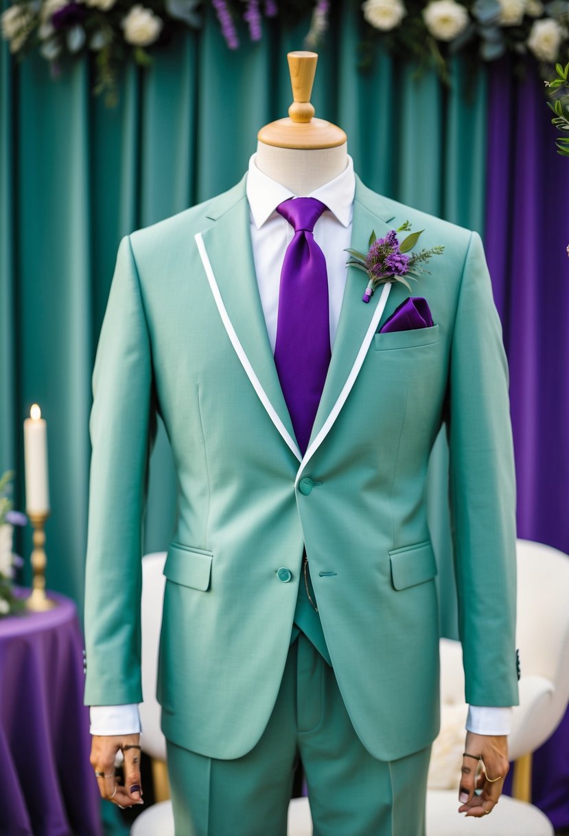 A sage green suit jacket and pants paired with a violet tie, set against a backdrop of sage green and violet wedding decor