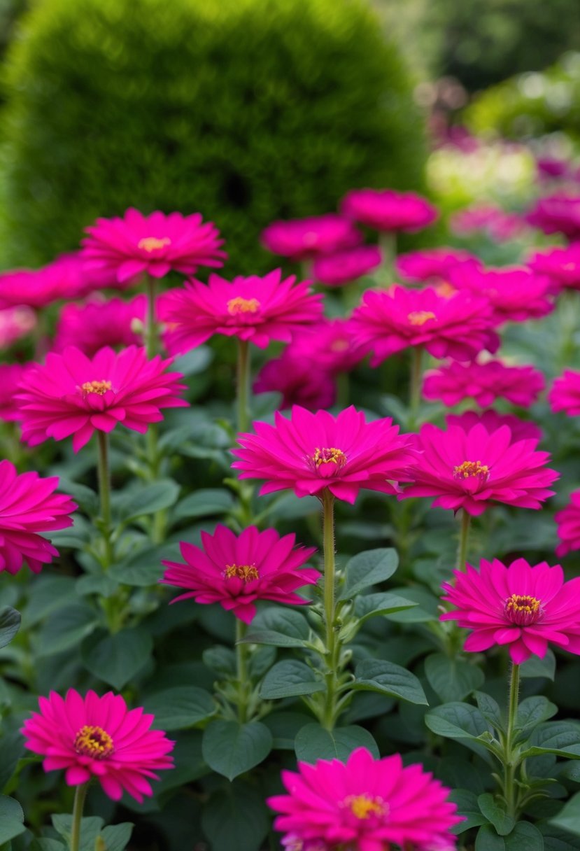 Vibrant magenta flowers stand out in a lush, green garden setting, adding a bold pop of color to the floral arrangements