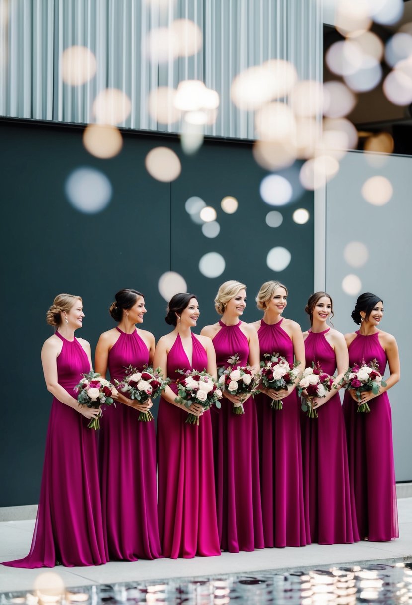 Bridesmaids in viva magenta dresses, standing in a line, holding bouquets, with a trendy and modern backdrop