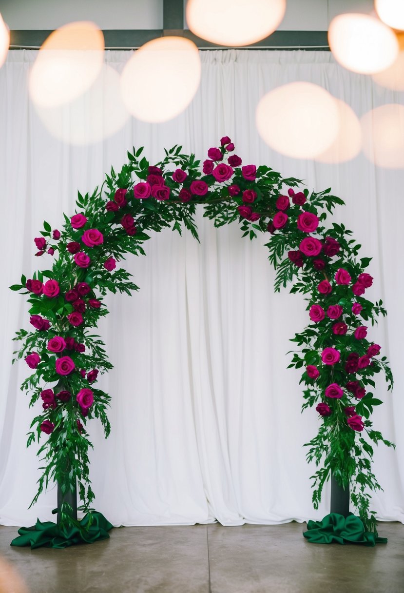 A magenta and emerald green floral arch against a white backdrop