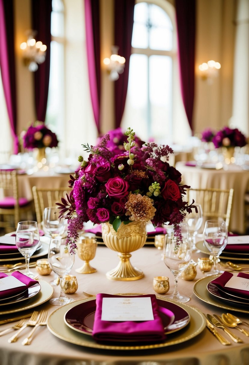 A regal magenta and gold wedding table setting with ornate floral centerpieces and luxurious place settings