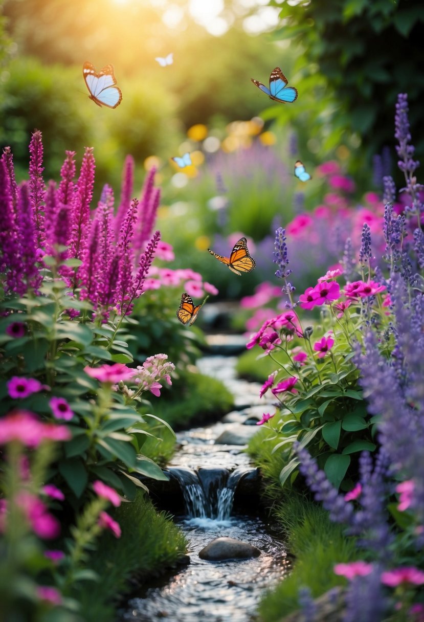 A whimsical garden filled with magenta and lavender flowers, with a flowing stream and butterflies fluttering around