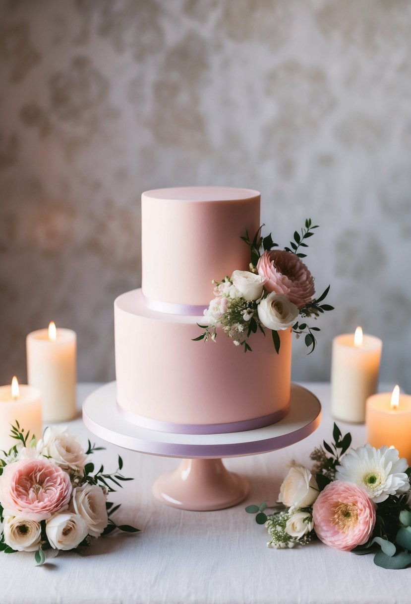 A pastel pink wedding cake surrounded by floral arrangements and soft candlelight