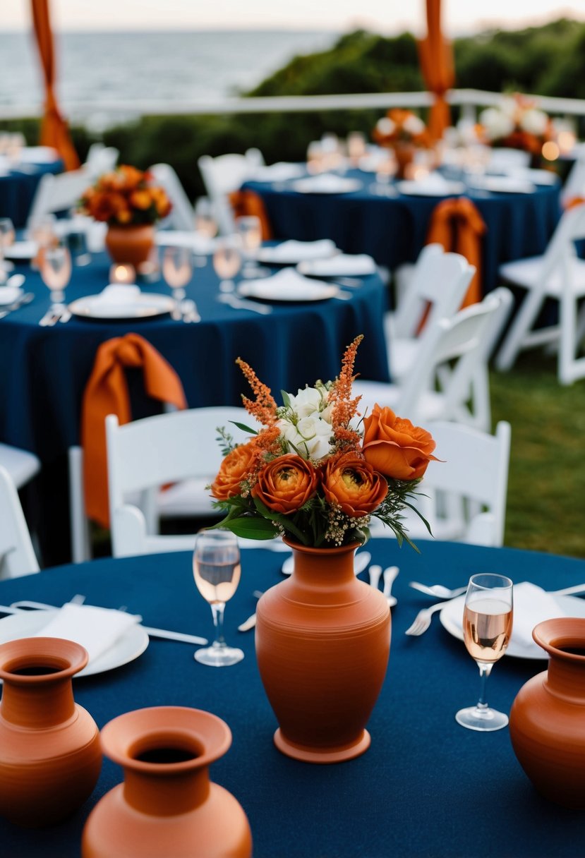 A navy and terracotta wedding scene with terracotta vases, navy tablecloths, and terracotta floral arrangements