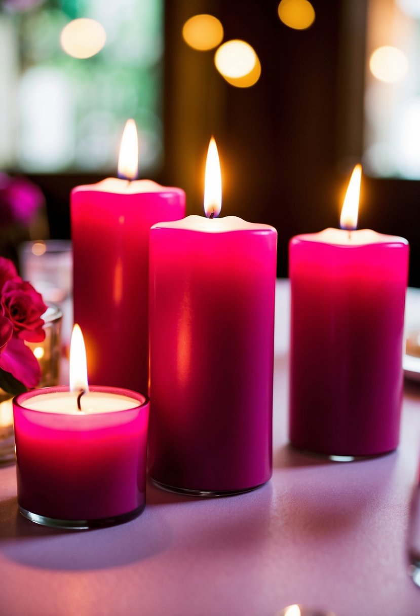 Magenta candles illuminate a romantic setting, casting a warm glow on the surrounding decor and creating a dreamy atmosphere