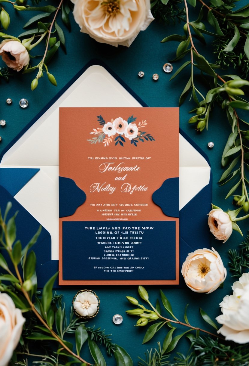 A terracotta and navy wedding invitation set with floral motifs and elegant script, surrounded by greenery and small decorative elements