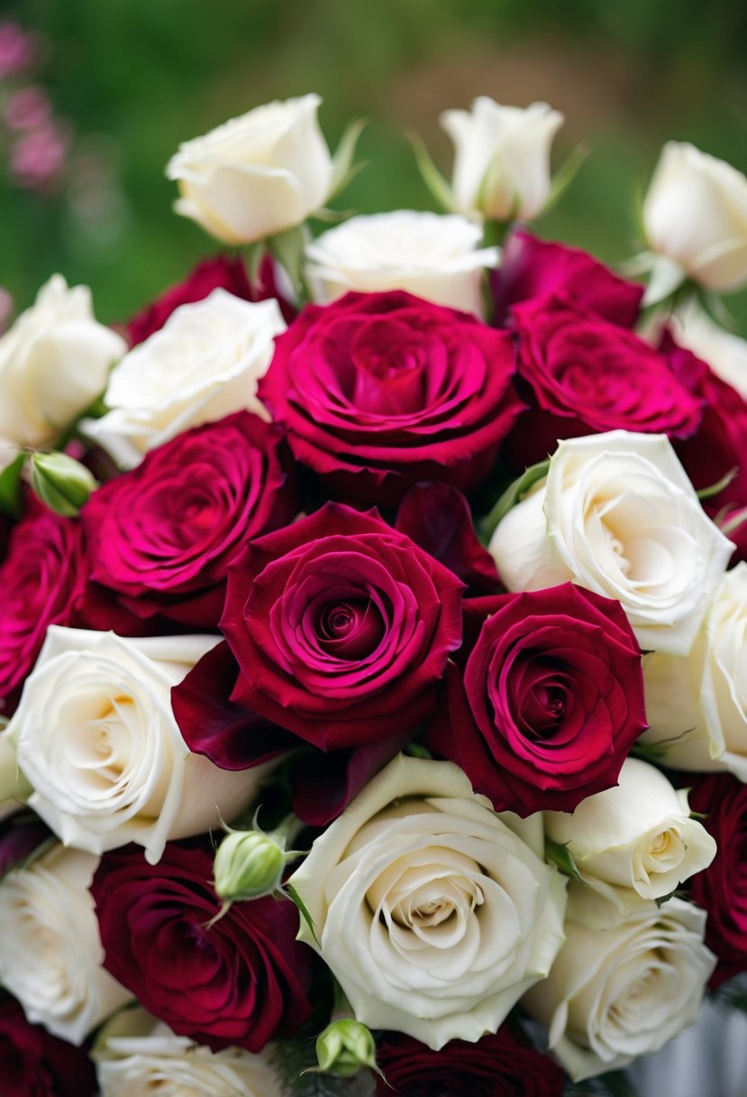 A magenta wedding bouquet surrounded by cream and white roses