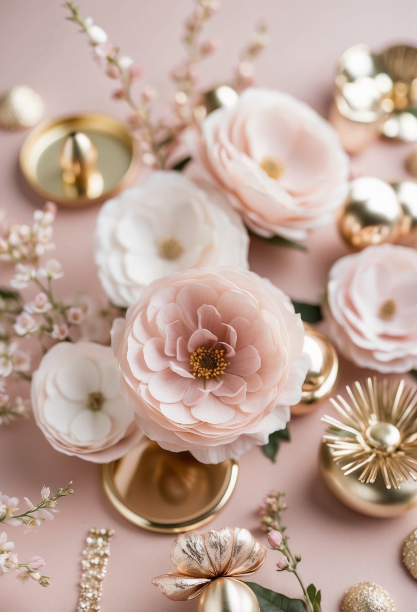 A soft blush pink and metallic gold color palette with delicate florals and shimmering accents