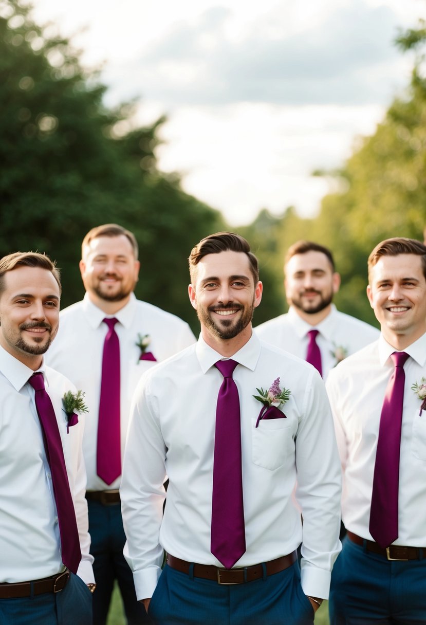 Groomsmen wearing magenta ties and pocket squares, standing in a group at a wedding