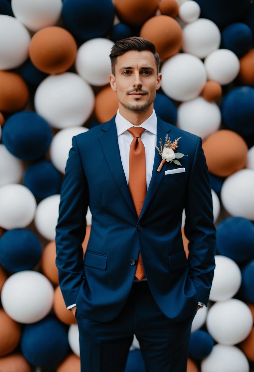 A navy suit with a terracotta tie, set against a backdrop of navy and terracotta wedding decor