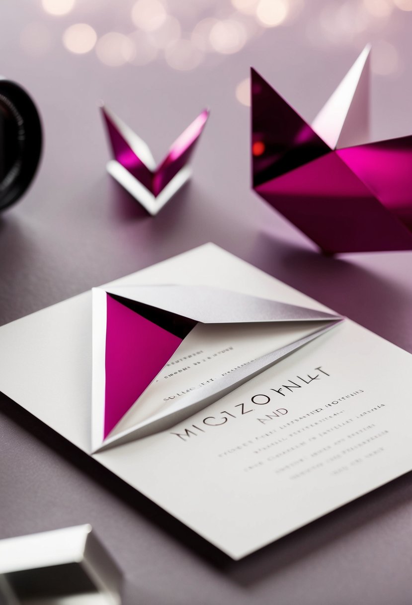 Magenta and silver geometric shapes intertwine on a sleek, minimalist wedding invitation