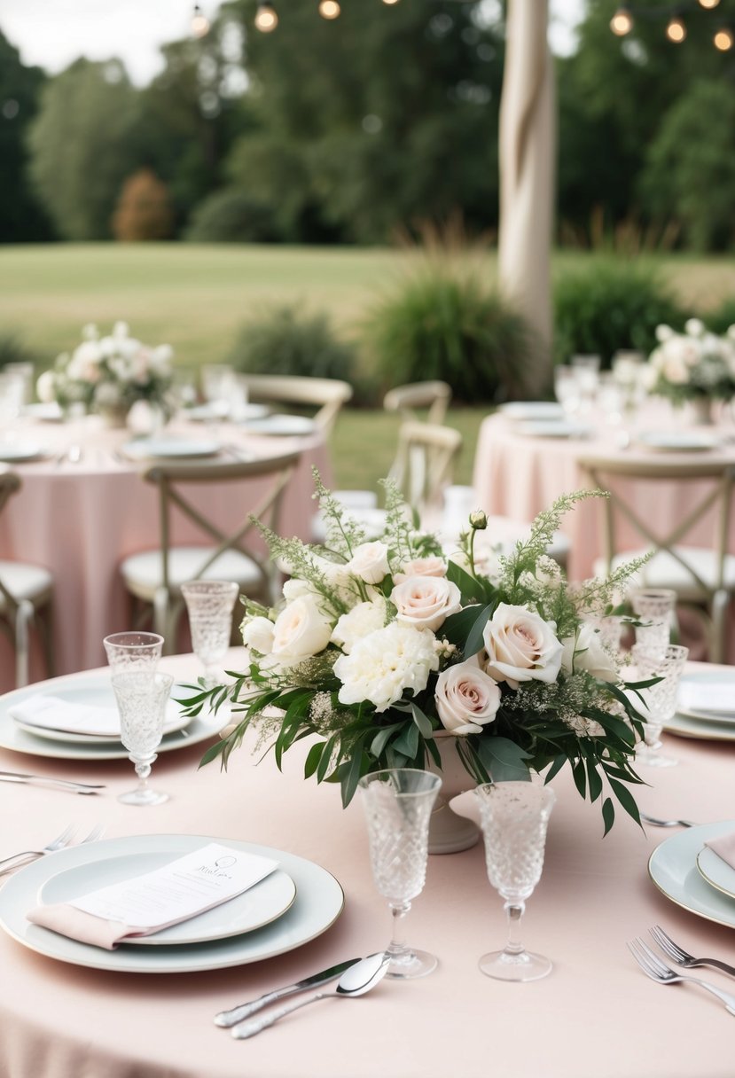 A serene wedding table setting with pale pink linens and ivory floral centerpieces