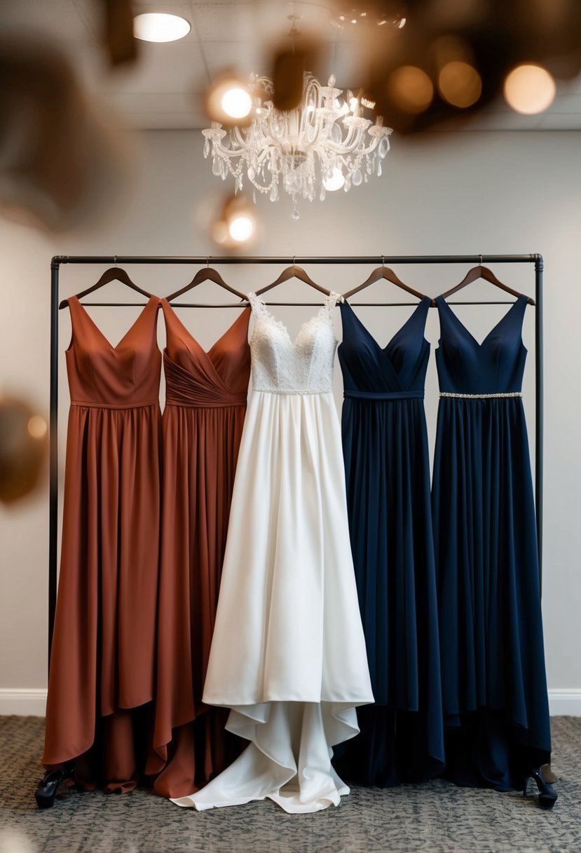 A group of terracotta and navy bridesmaid dresses arranged in a stylish and elegant display