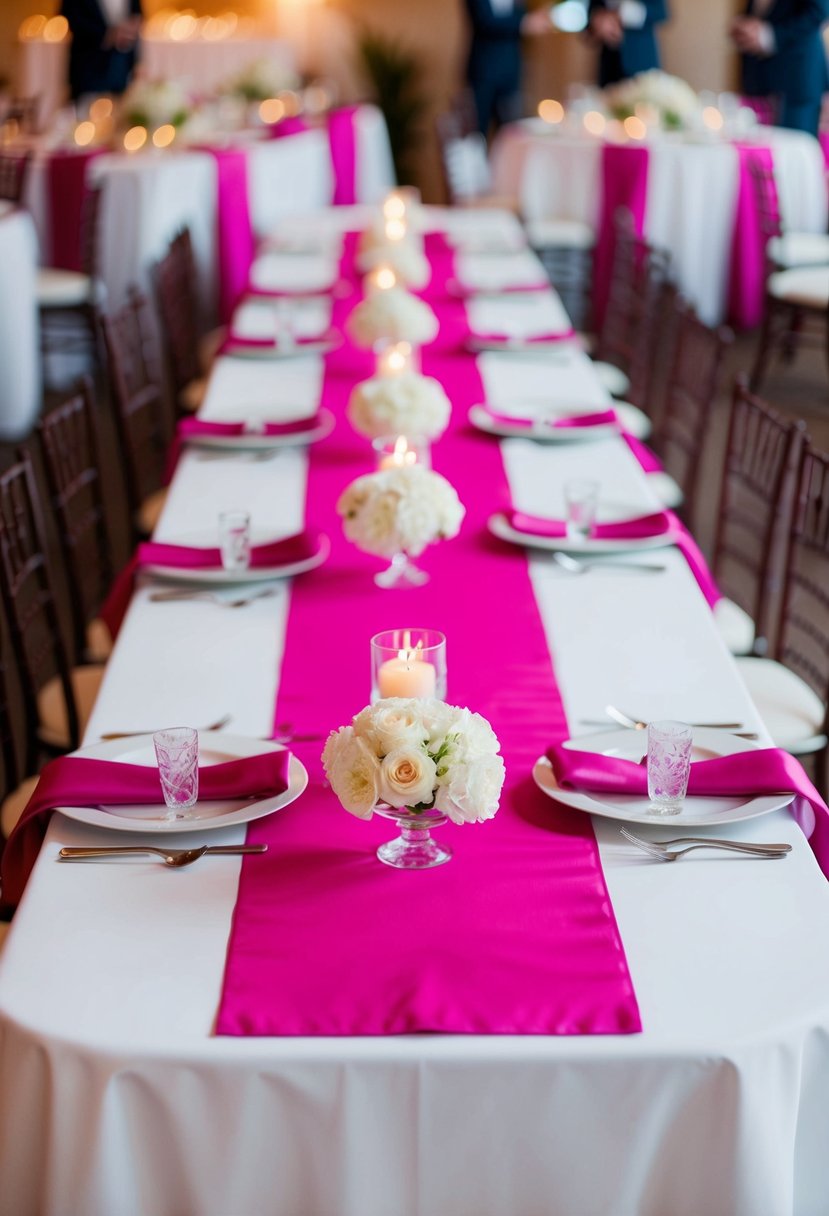 Magenta runners adorn tables at a wedding reception, adding a vibrant pop of color to the decor