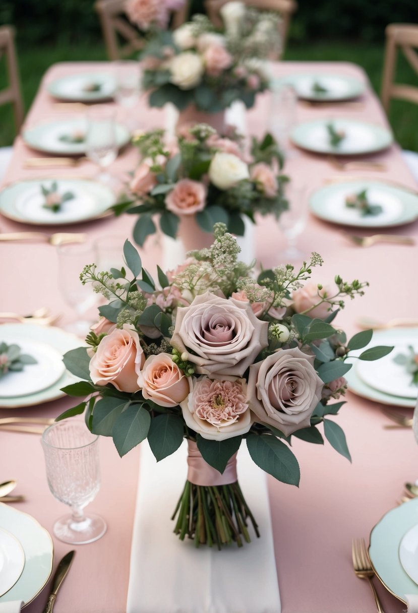 A dusty rose and sage green wedding bouquet sits on a pastel pink tablecloth, surrounded by matching floral centerpieces and delicate place settings