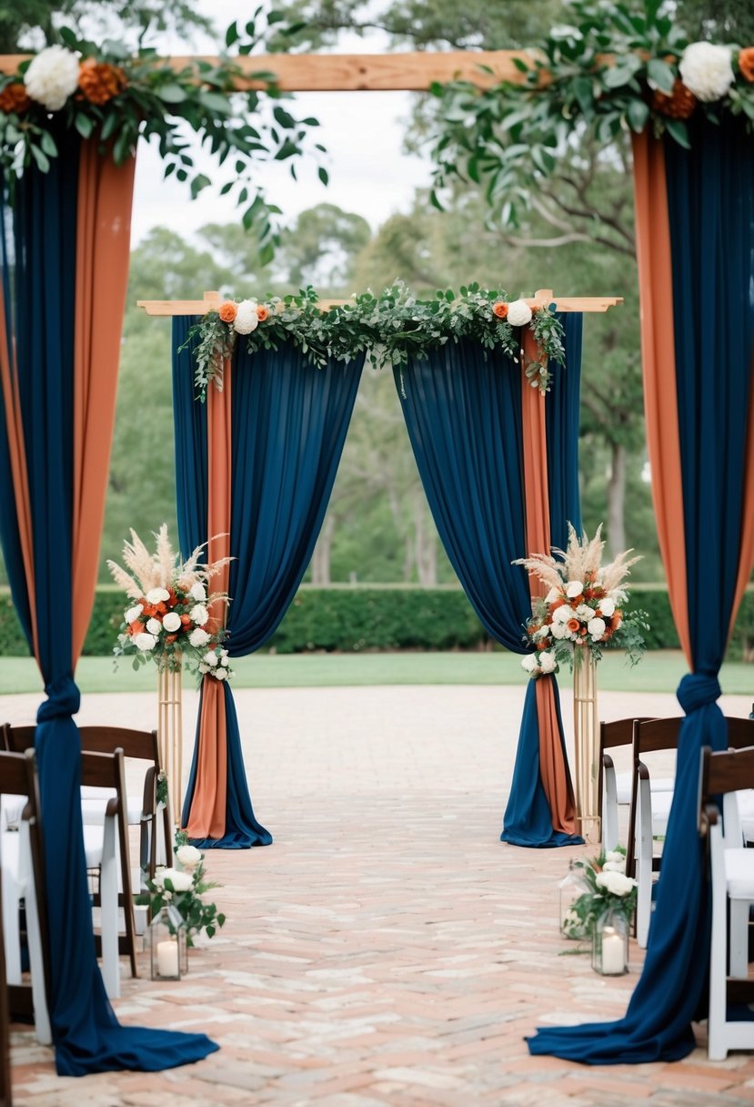 A ceremony arch adorned with navy drapes and terracotta accents