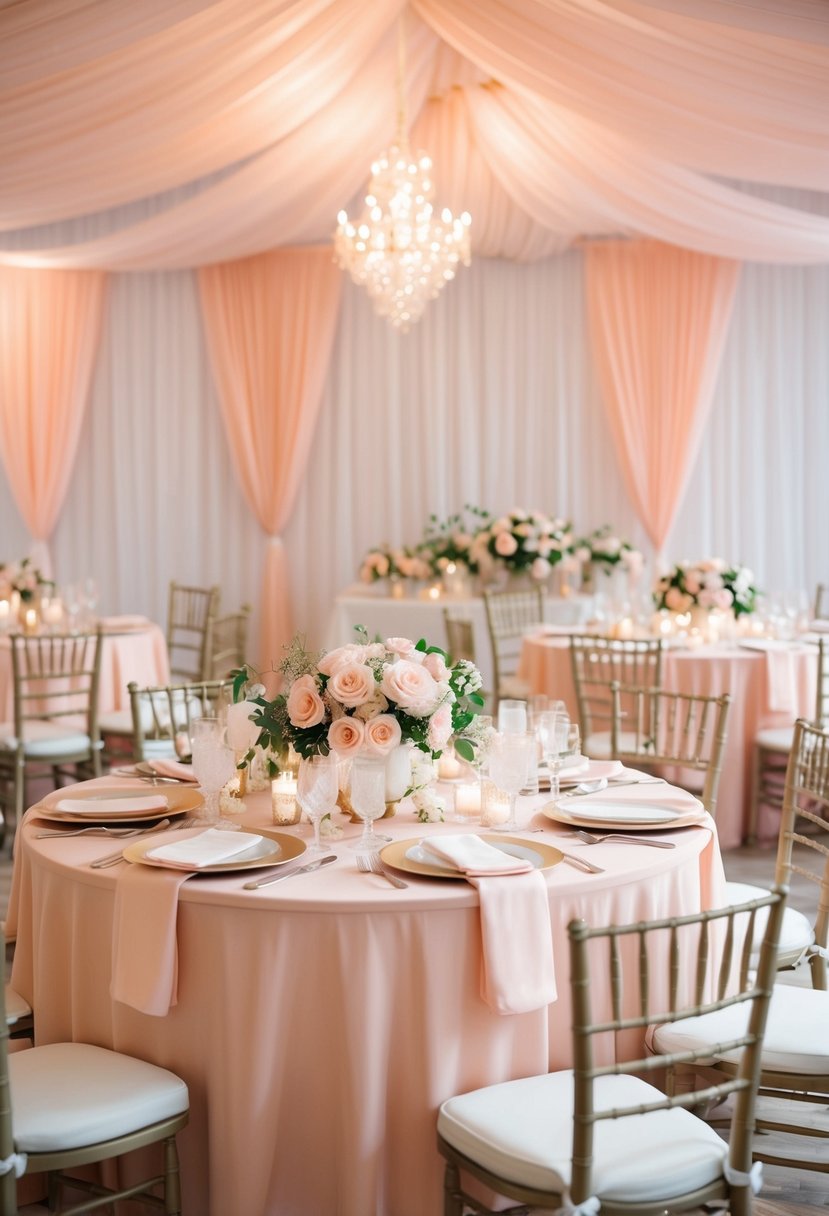 A serene wedding reception with soft peach and light pink decor, including flowers, table settings, and drapery