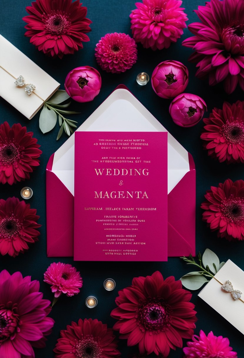 A vibrant magenta wedding invitation surrounded by bold magenta floral arrangements and accents