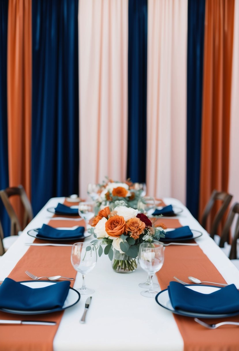 A table adorned with terracotta and navy table runners, set against a backdrop of a navy and terracotta wedding color scheme