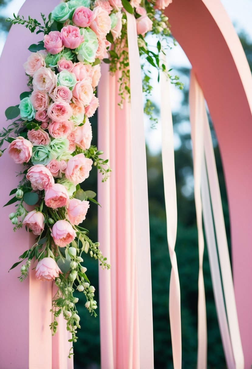 Soft pastel pink and mint green flowers cascade down a rosy pink wedding arch. Delicate ribbons flutter in the gentle breeze