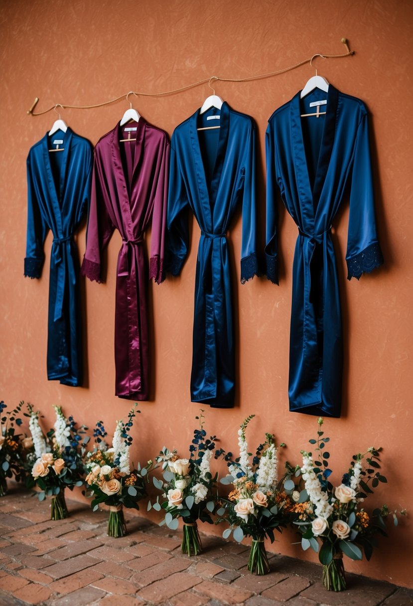 A group of navy blue bridesmaid robes hanging on a terracotta colored wall, with small floral arrangements in matching colors nearby