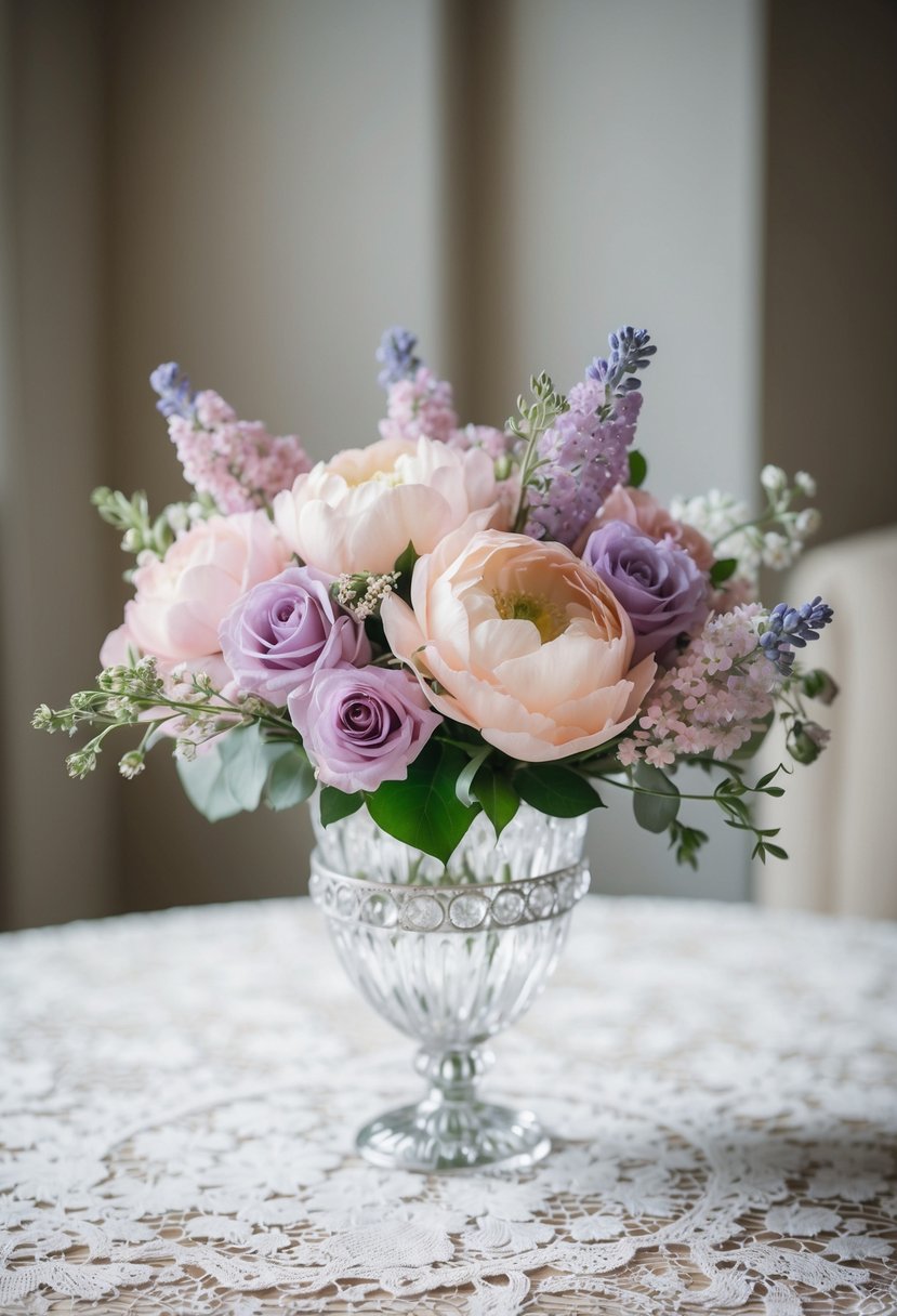 A delicate bouquet of pastel pink and lavender flowers arranged in a crystal vase on a lace-covered table