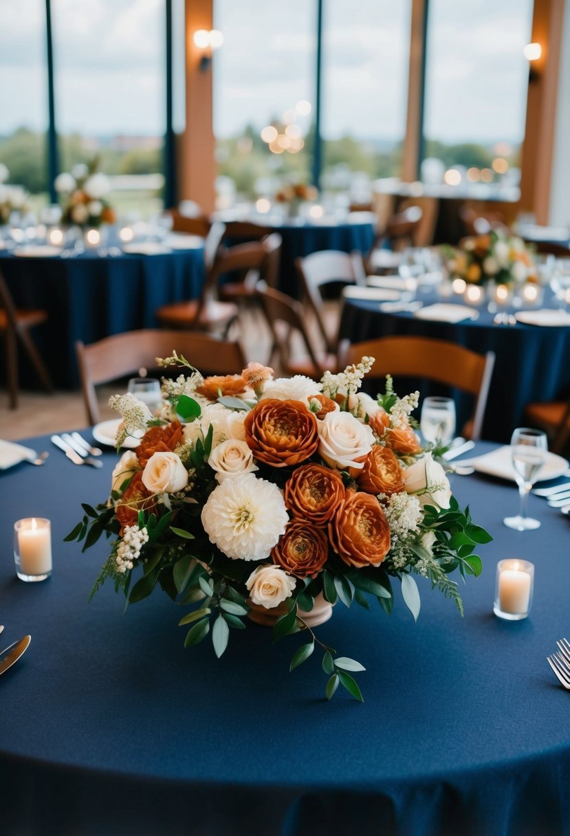 A terracotta and cream floral arrangement adorns a navy tablecloth, creating an elegant wedding color scheme