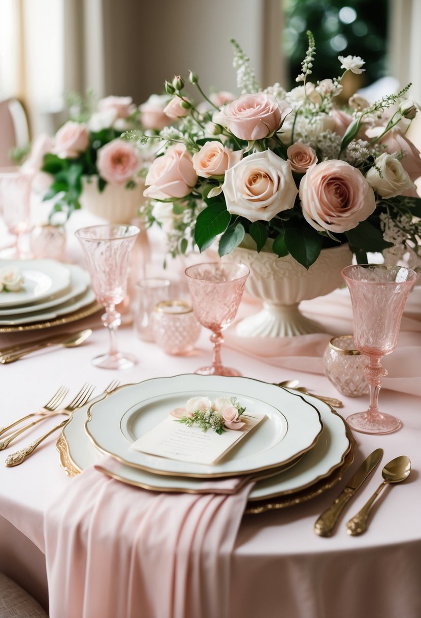 A romantic wedding table set with vintage rose and cream pastel pink decor, including flowers, linens, and delicate tableware