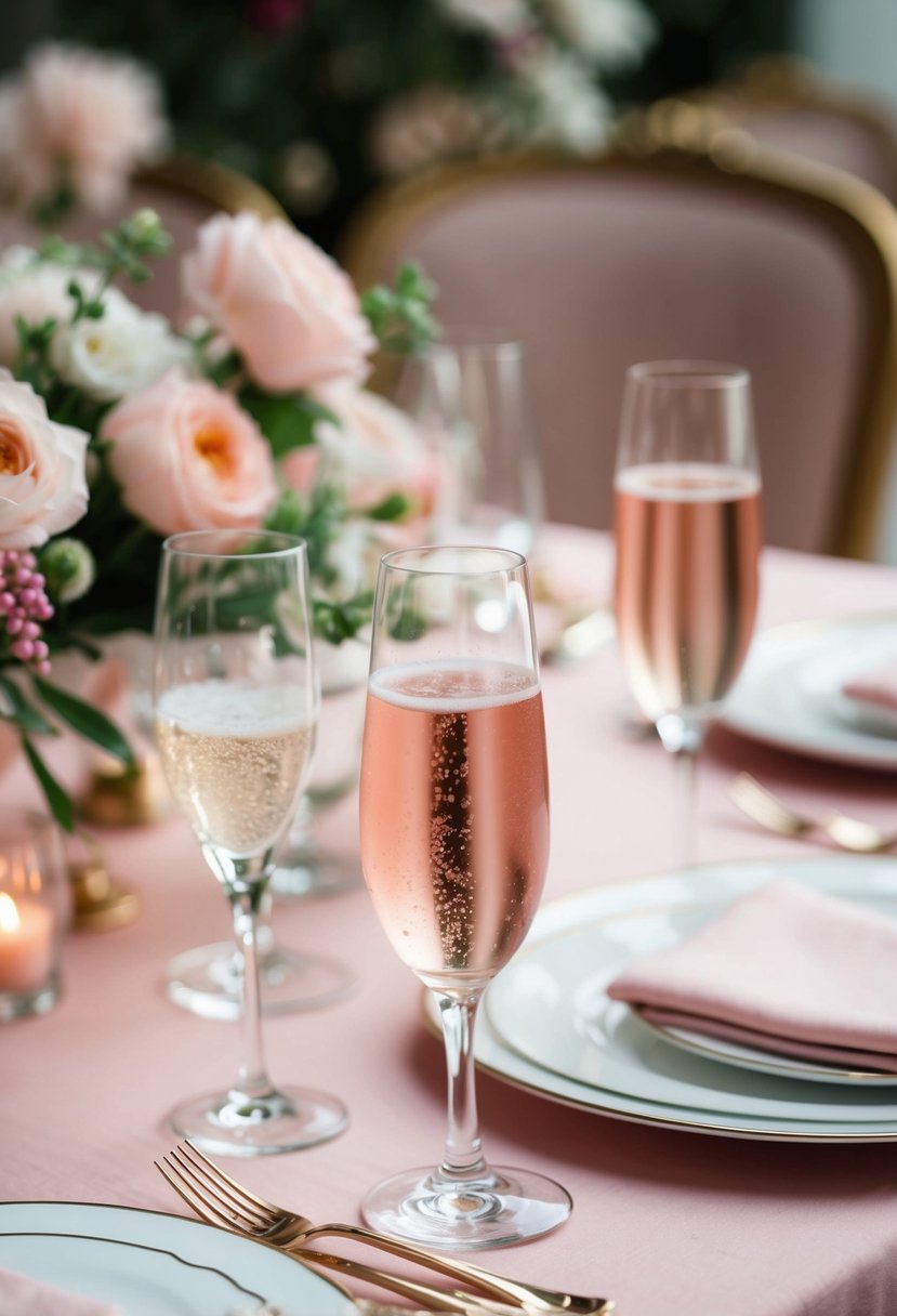 A romantic table setting with soft pink champagne, delicate flowers, and elegant tableware