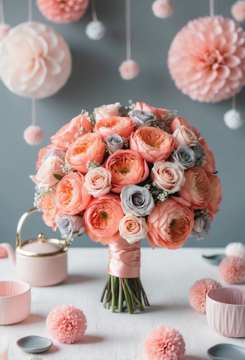 A beautiful coral pink and soft gray pastel wedding bouquet surrounded by delicate pink and gray decor