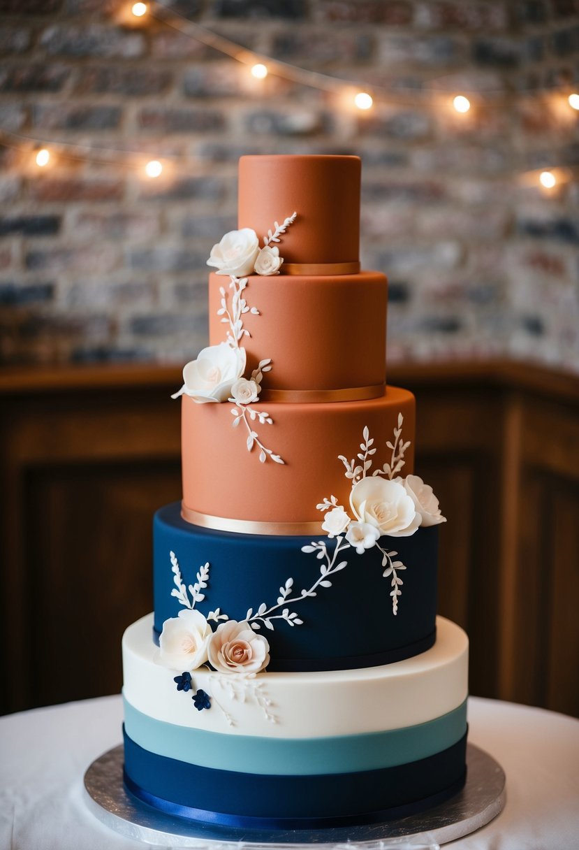 A three-tiered wedding cake with navy and terracotta colored fondant, adorned with delicate floral and vine designs