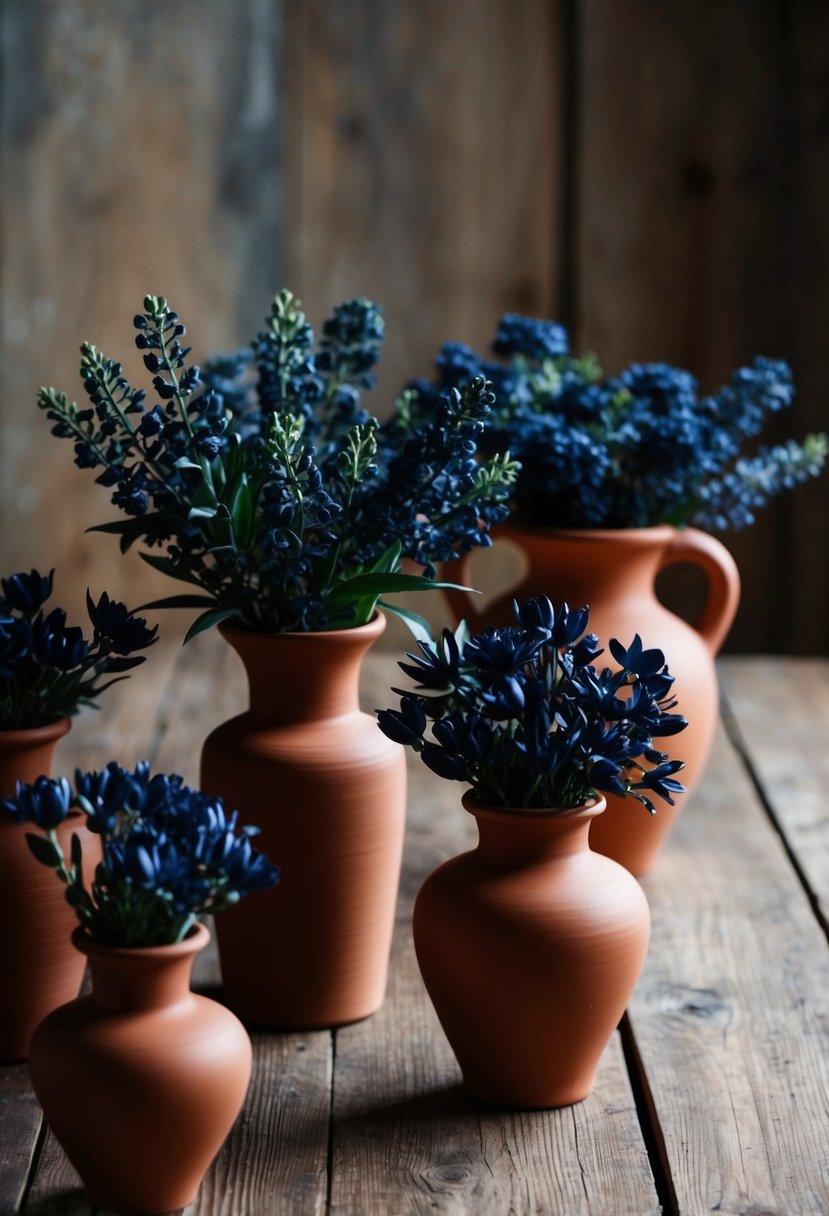 Terracotta vases filled with navy blooms arranged on a rustic wooden table