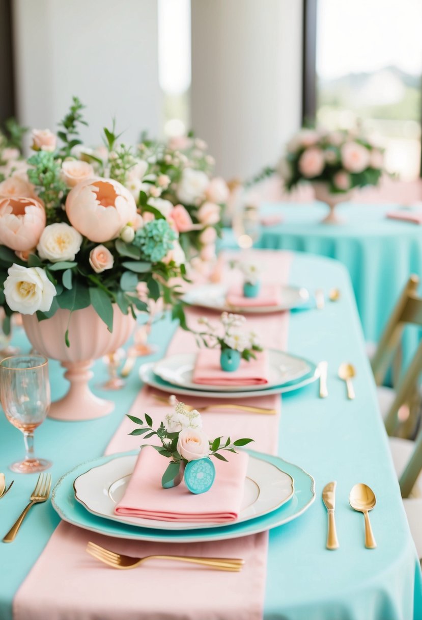 A pastel pink and turquoise wedding table with floral centerpieces and delicate place settings