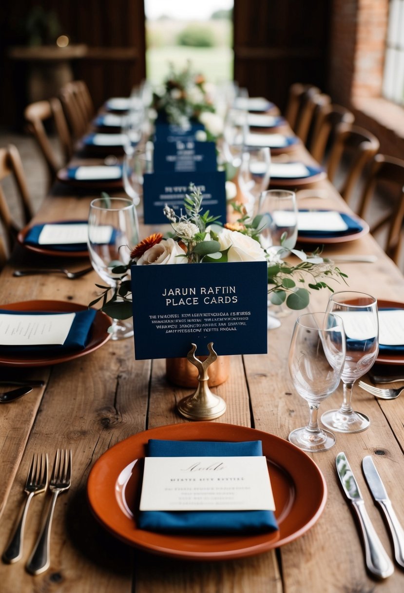 A rustic wedding table with navy blue place cards and terracotta accents