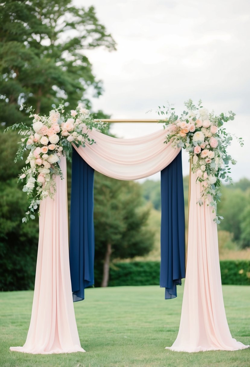 A pale pink and navy blue wedding arch adorned with pastel florals and draped fabric