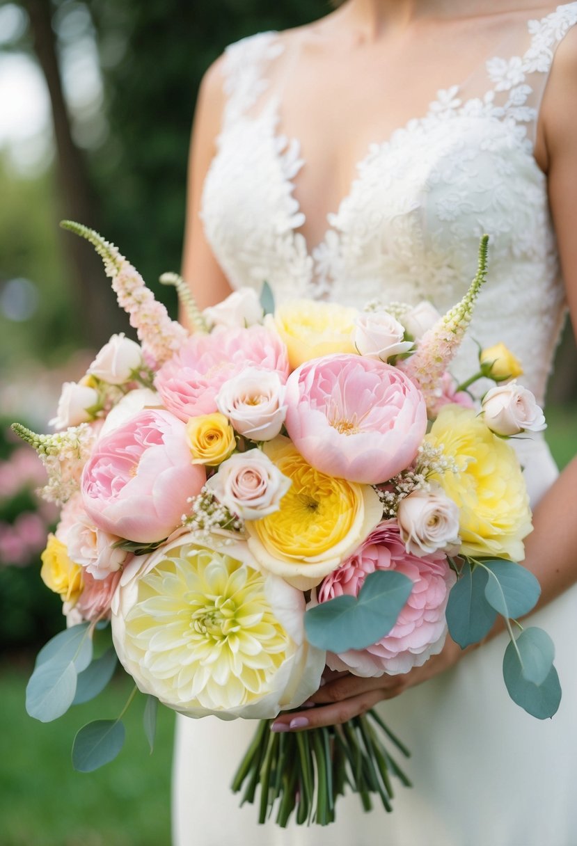 A soft pink and yellow wedding bouquet with delicate pastel flowers