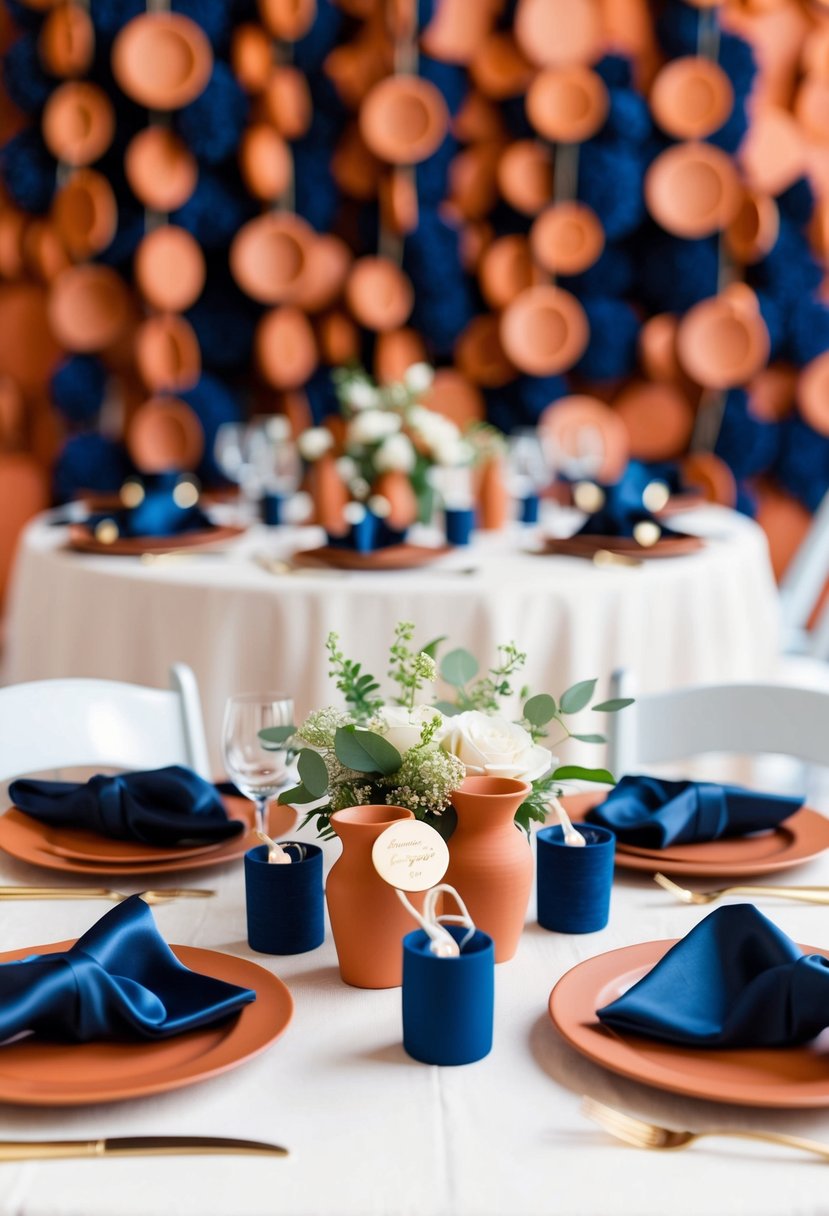 A table adorned with terracotta wedding favors and navy accents, set against a backdrop of terracotta and navy decor