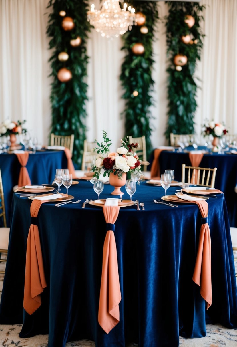 A navy velvet tablecloth adorned with terracotta accents, set against a backdrop of elegant wedding decor