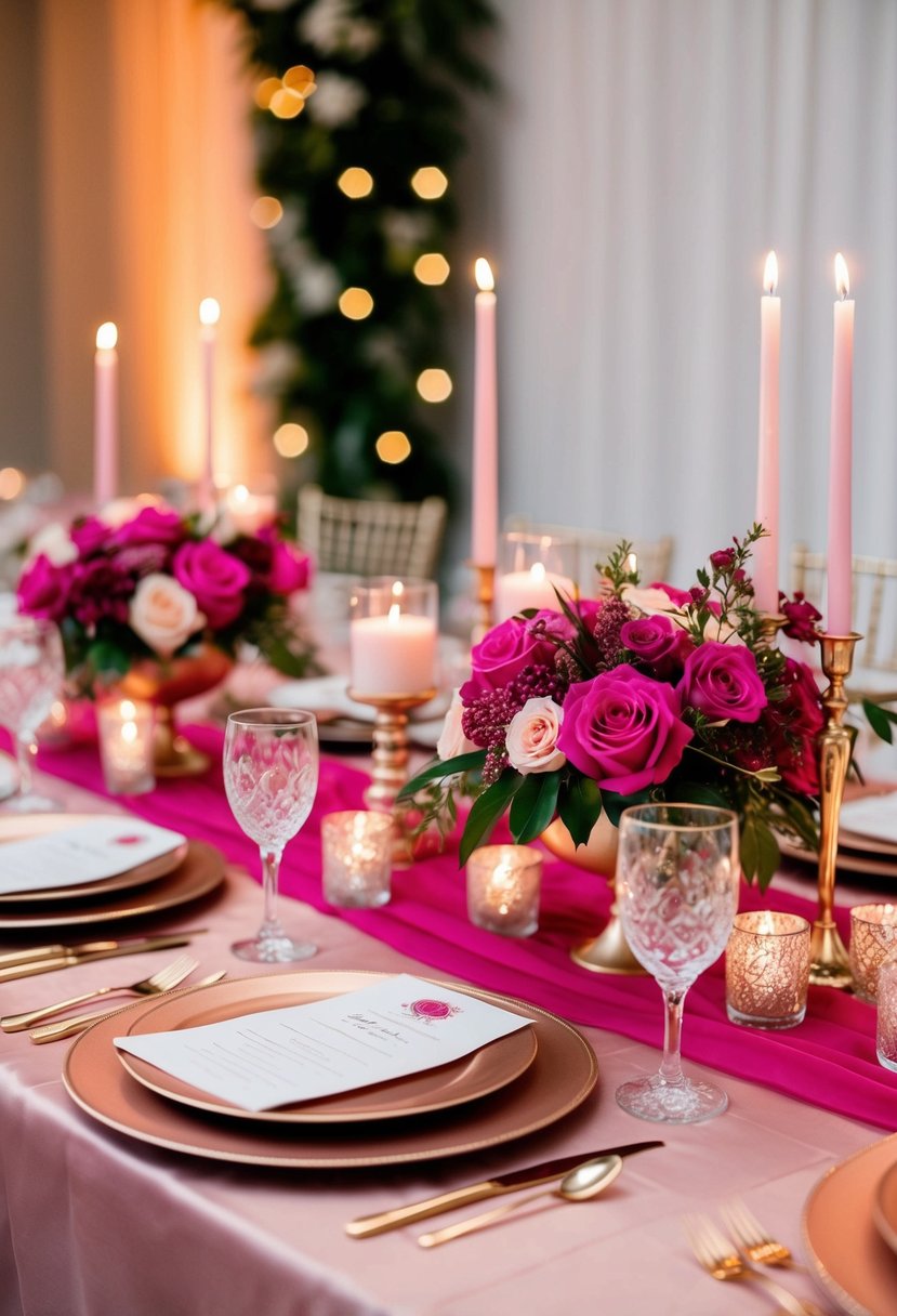 A rose gold and fuchsia wedding scene with shimmering table settings, elegant floral arrangements, and romantic candlelight