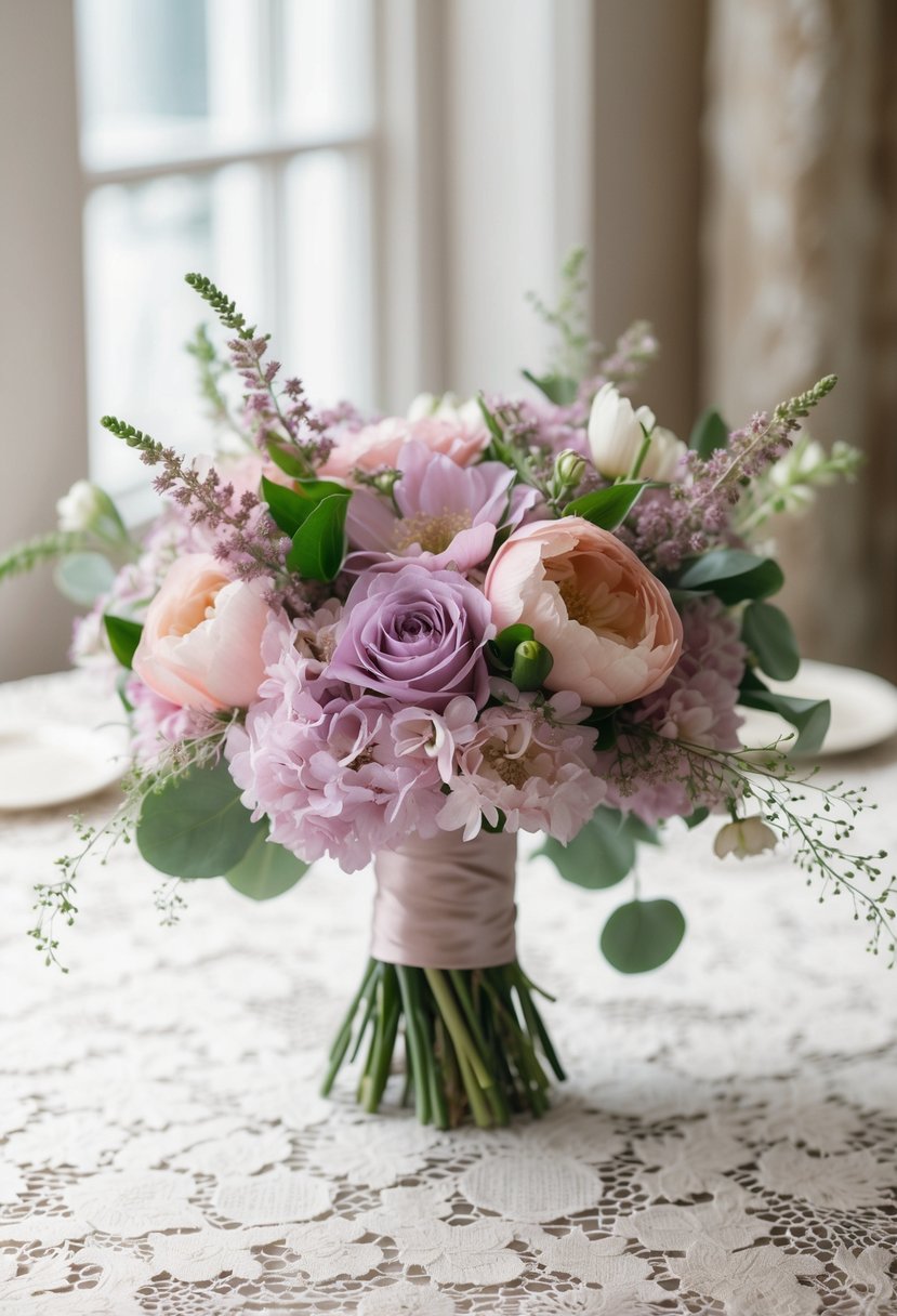 A soft pink and lilac wedding bouquet rests on a lace tablecloth. Delicate pastel petals and greenery create a romantic and elegant atmosphere