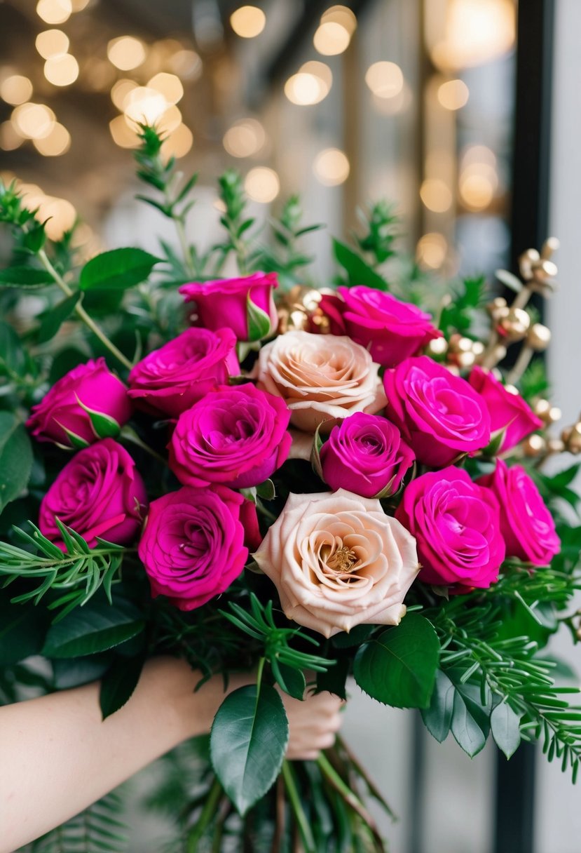 A bouquet of fuchsia and rose gold roses intertwined with lush greenery