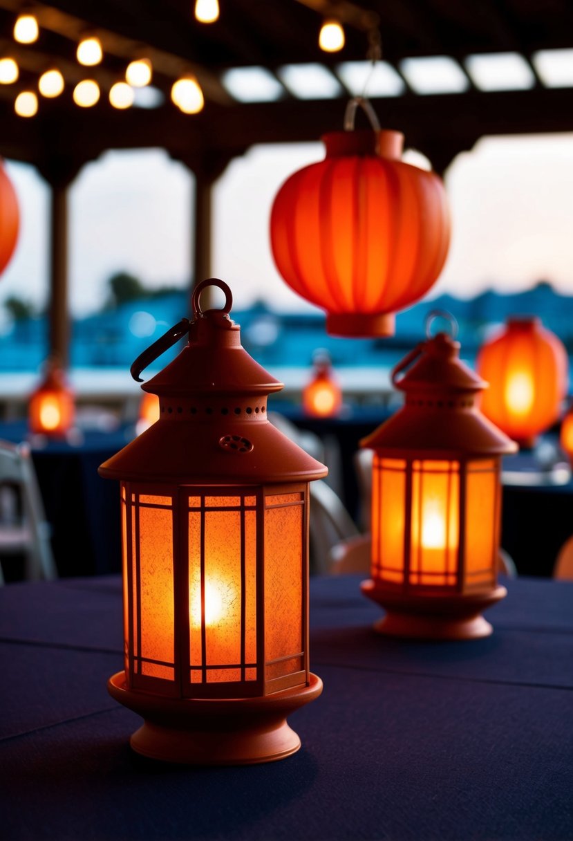 Terracotta lanterns cast warm light on navy tablecloths