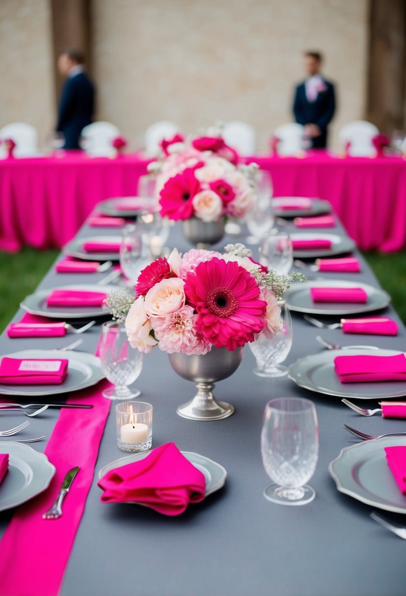 A hot pink and slate gray wedding table with pastel pink flowers and silver accents