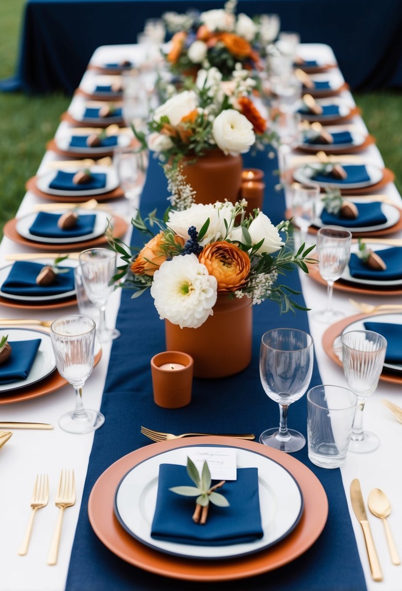 A table set with navy and terracotta centerpieces, featuring flowers, candles, and decorative elements in the wedding color scheme