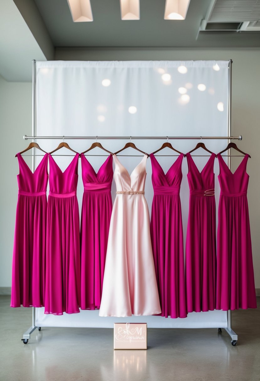 Fuchsia bridesmaid dresses paired with rose gold accessories displayed on a clean, modern backdrop