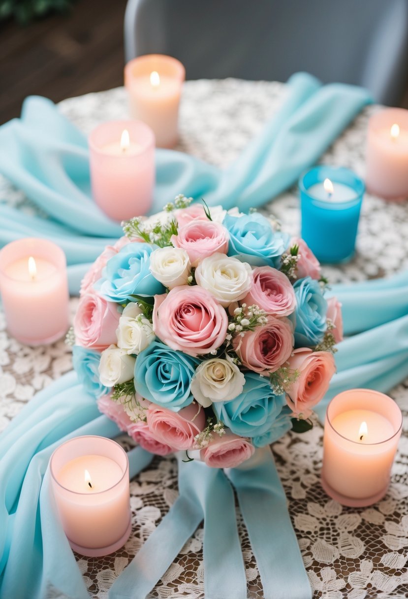 A pastel pink and baby blue wedding bouquet sits on a lace-covered table, surrounded by delicate pink and blue candles and soft, flowing fabric