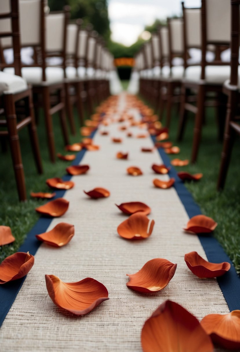 Terracotta and navy petals scattered along an aisle