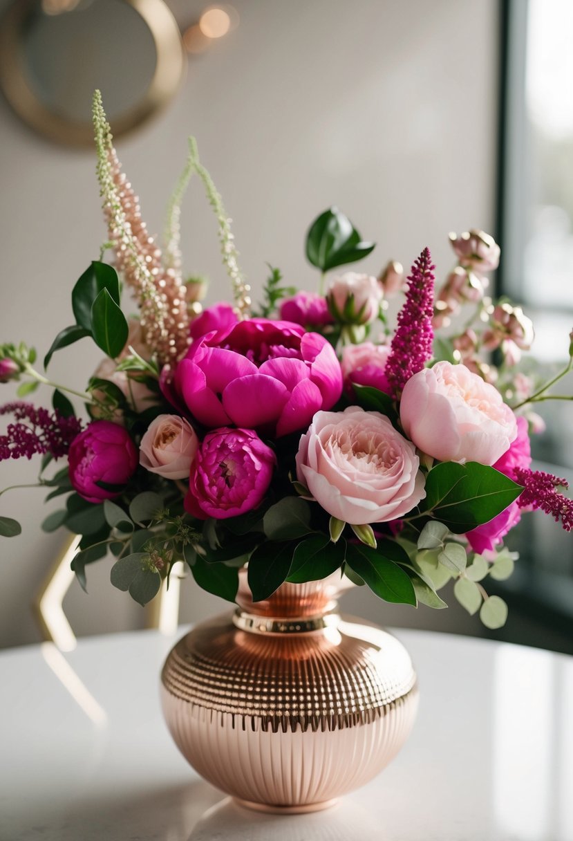 A rose gold and fuchsia floral arrangement with roses, peonies, and greenery in a decorative vase