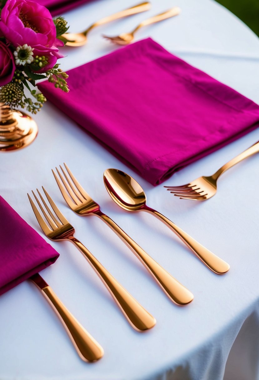 Rose gold cutlery arranged with fuchsia napkins on a white tablecloth